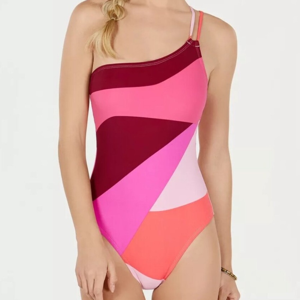 NWT LA BLANCA colorblock mio Pink and maroon One-Shoulder Swimsuit size M/8
